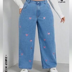 SHEIN Plus Size Women Heart Print Patch Pocket Wide Leg Loose Casual Jeans